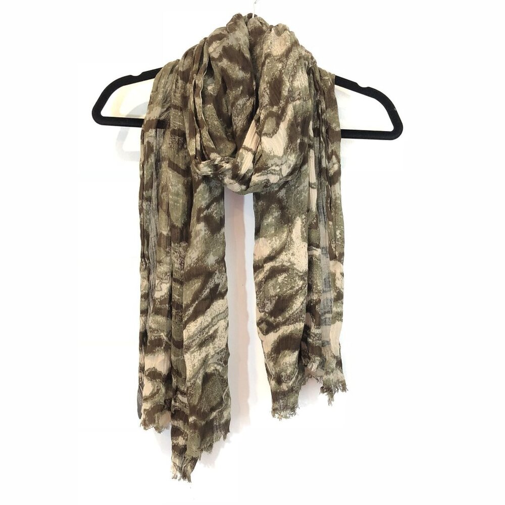 Vince Camuto Brown Green Abstract Print Lightweight Scarf Rayon Linen 80" x 26"